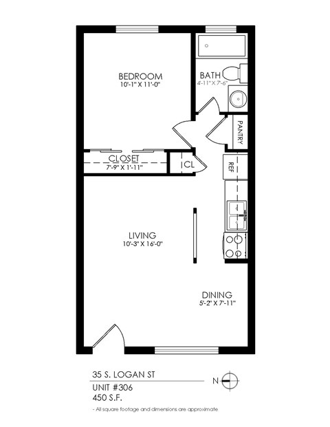 A floor plan of an apartment at 35 S. Logan St, Unit #306, showing a bedroom, bathroom, living room, dining room, closet, and pantry.